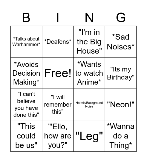 Jaxar Bingo Card