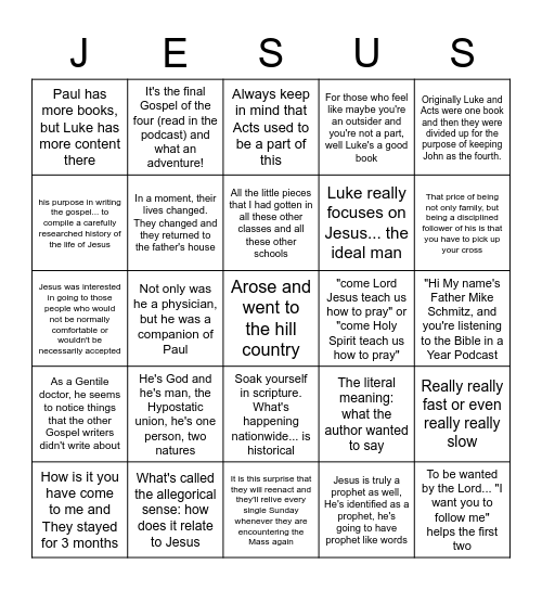 Messianic Checkpoint Luke BIY Bingo Card