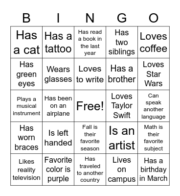 Classmate Bingo Card