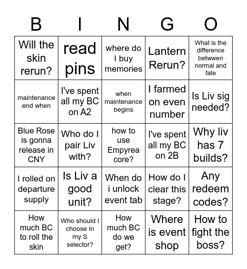 Survival Lucem Bingo Card