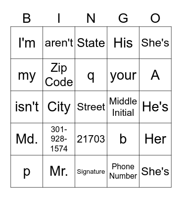 Personal Information Bingo Card