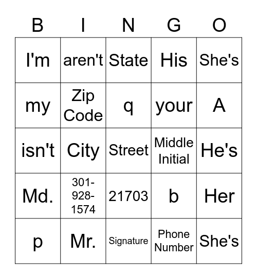Personal Information Bingo Card