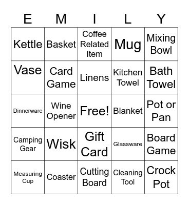 Emily's Bridal Shower Bingo Card
