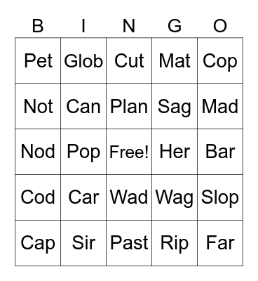 Silent E Bingo Card
