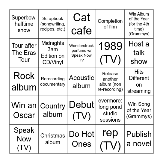 Taylor Swift 5 Years Bingo (1/8/28) Bingo Card