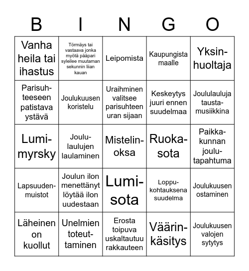 Romanttiset jouluelokuvat Bingo Card