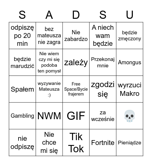 Sadsu Bingo Card