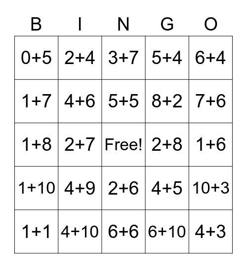 Addition Bingo Card