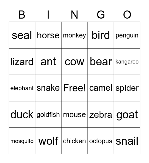 ANIMALS Bingo Card