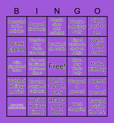 Winter Break Bingo Card