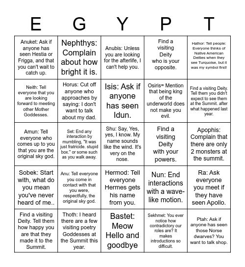 Egyptian Pantheon  Tasks for Mix n Mingle Bingo Card