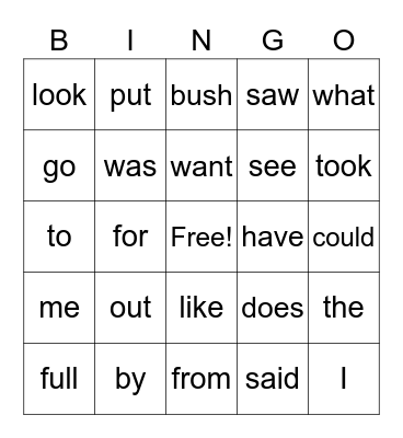 Heart Words Bingo Card