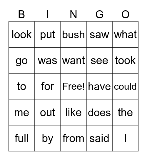 Heart Words Bingo Card