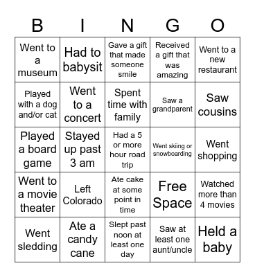 Over winter break...Find someone who.... Bingo Card
