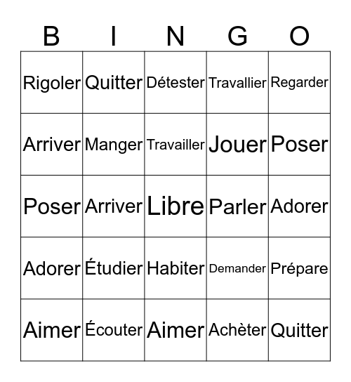 French Verb Bingo Card