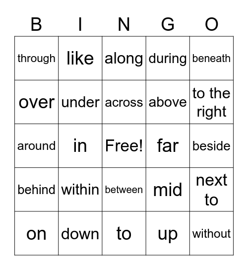 Preposition Bingo Card