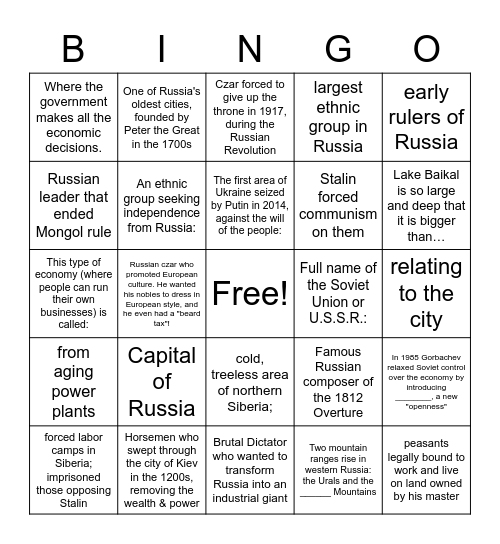 Russia & its Neighbors Bingo Card