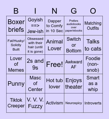 Shanna's (super specific type) BINGO Card