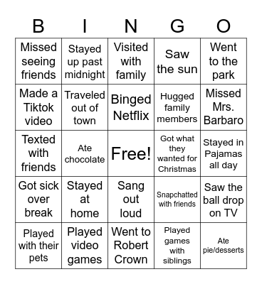 Welcome Back Bingo! Bingo Card