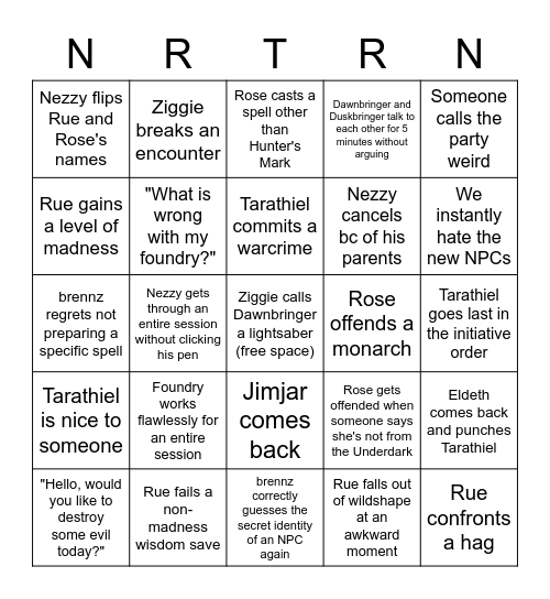 Out of The Abyss Bingo Card