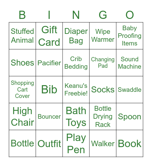 Keanu Joseph's Gift Bingo Card