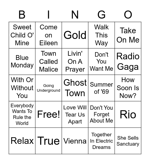 One Hit Wonders Bingo Card