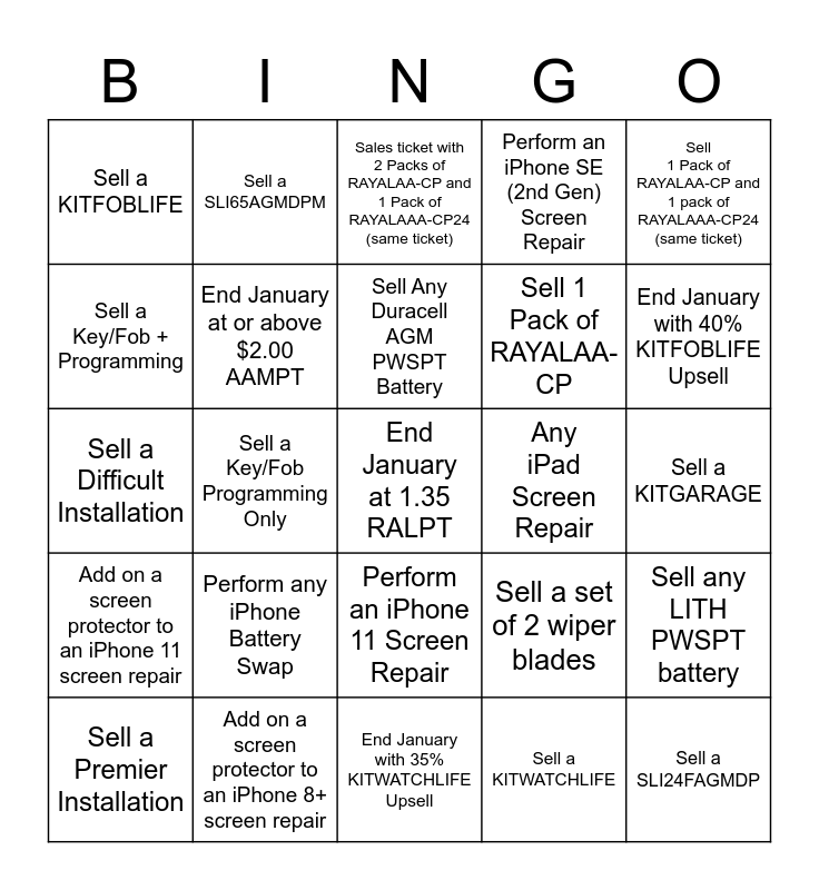 Batteries Plus Bingo Card