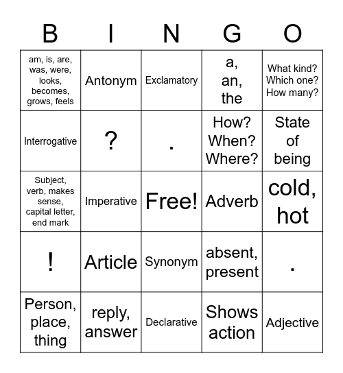 English Bingo Card