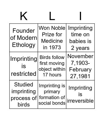Konrad Lorenz Imprinting Theory Bingo Card