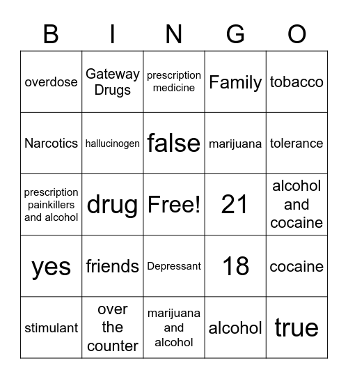 Drug Awareness Bingo Card