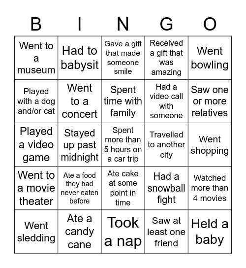 Over winter break...Find someone who.... Bingo Card