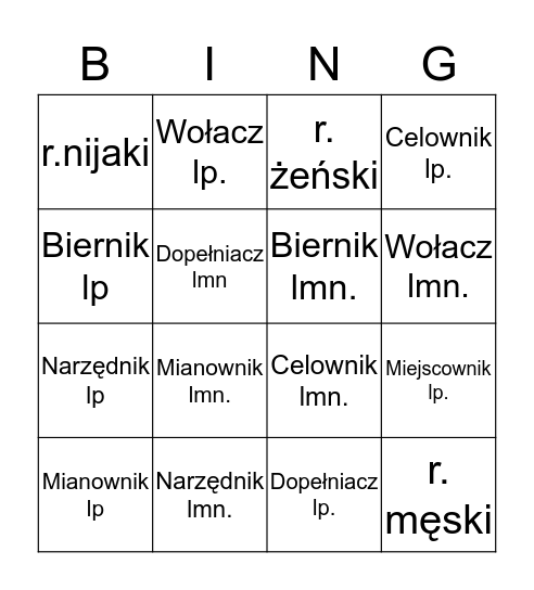 Rzeczownik Bingo Card