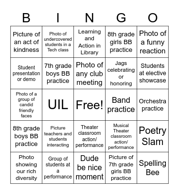 Yearbook Photography Bingo Card