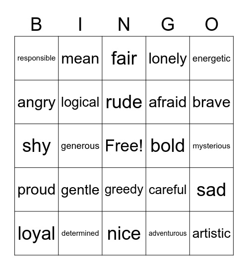 Character Traits Bingo Card