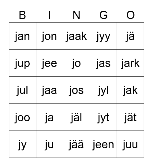 J BINGO Card