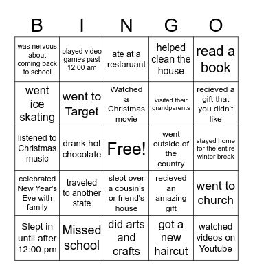 Back From Winter Break Bingo Card