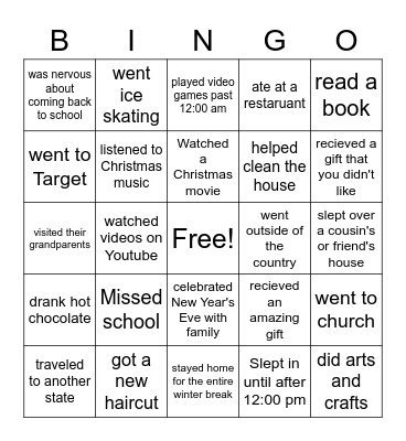 Back From Winter Break Bingo Card