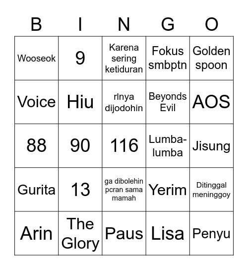 JO Bingo Card