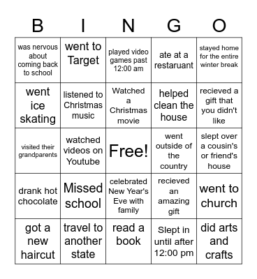 Back From Winter Break Bingo Card