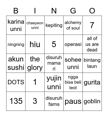 Bingo Ningie. Bingo Card