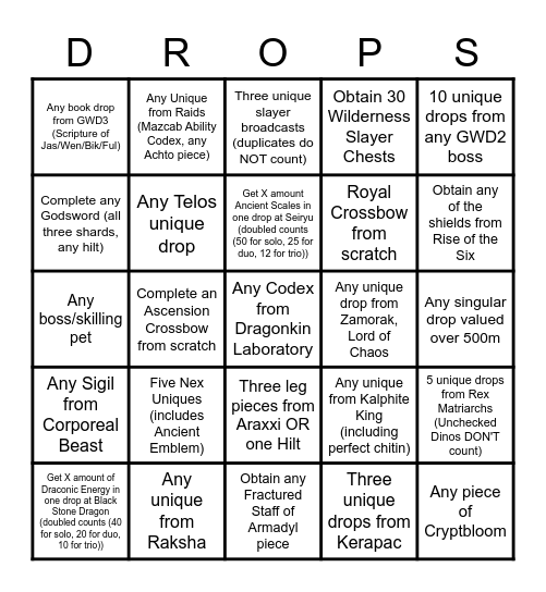 Sinners Drops Bingo Card