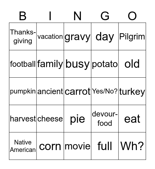 Thanksgiving bingo Card