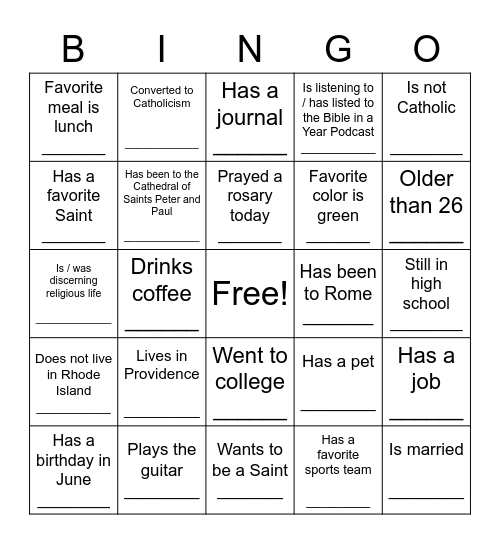 Eucharistic Retreat BINGO Card