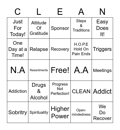 Grateful Hearts Recovery Bingo Card