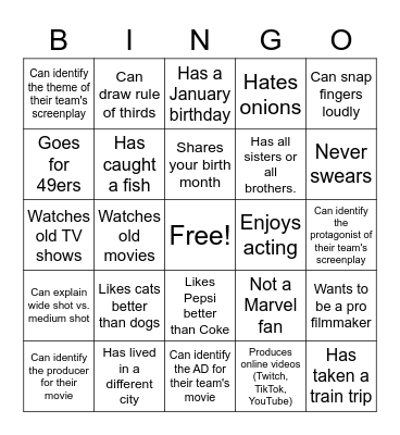 "Film Class Bingo" Bingo Card