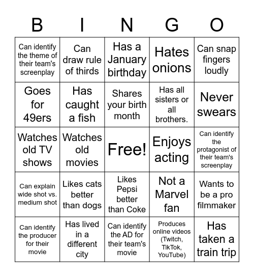"Film Class Bingo" Bingo Card