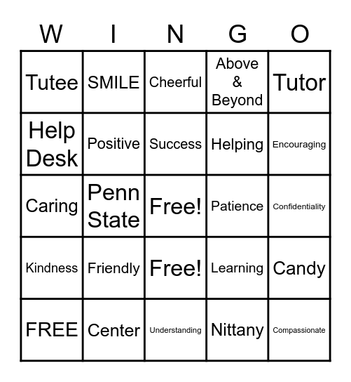 Nittany Success Center Bingo Card
