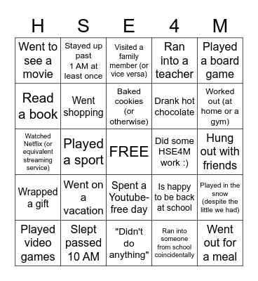 Winter Break Back to School Scavenger Bingo Card