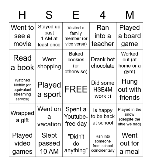 Winter Break Back to School Scavenger Bingo Card