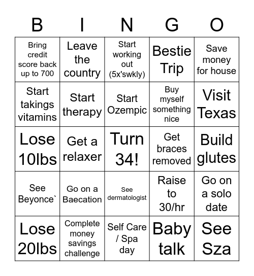 Bebe's 2023 Goals Bingo Card